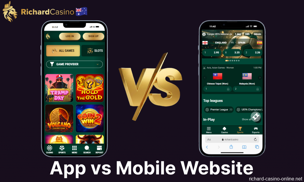 Comparison of the Richard casino website and mobile app