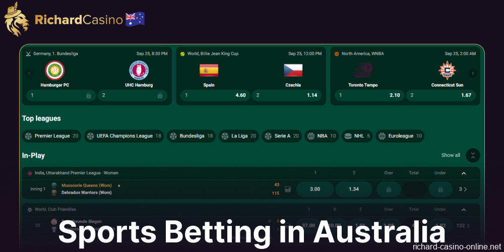 Sports betting options availbe on Richard Casino for players from Australia